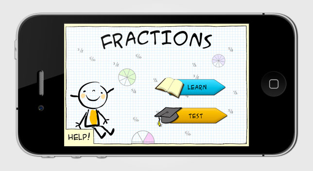 Tiny Fractions menu shown inside a landscape iPhone frame